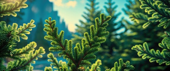 Poster - Close-up of vibrant fir branches under soft summer sunlight in a natural outdoor setting with a blurred background.
