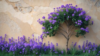 Poster - Nature backdrop featuring a small tree and vibrant purple flowers growing against a textured wall, creating a serene outdoor ambiance.
