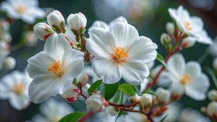 Poster - white flowers with yellow center and green leaves on a natural blurred background in a close-up view