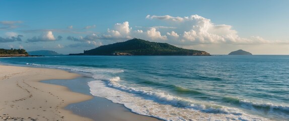 Poster - serene coastal landscape featuring a sandy beach, tranquil ocean waves, and lush island backdrop und