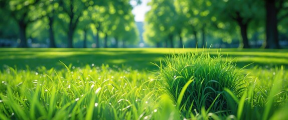 Poster - Lush green grass in a serene park setting with trees illuminating the vibrant landscape under sunlight.