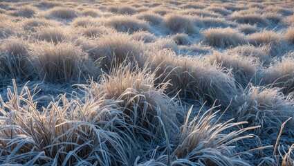 Poster - frost covered grass in a field during early morning light creating a winter landscape scene