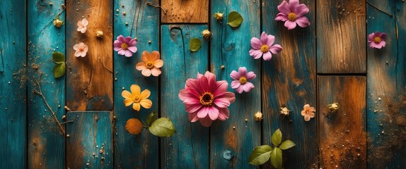Poster - Colorful flowers arranged on a rustic wooden surface with natural elements and soil creating an organic aesthetic background