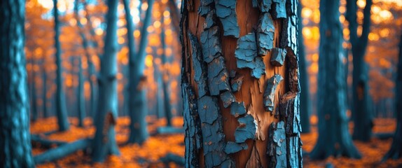 Wall Mural - Textured bark of a tree with autumn colors in a forest setting creating a captivating nature background for various designs.