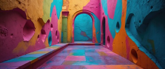 Fototapete - Vibrant abstract wall design in a colorful room showcasing bright hues and artistic shapes for creative backgrounds or decor inspiration