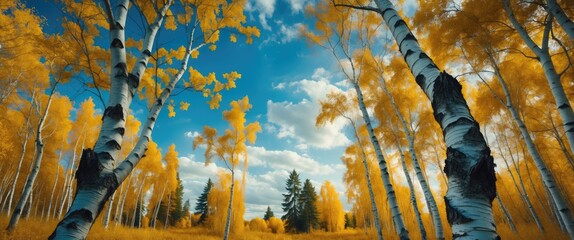 Poster - Vibrant autumn birch trees in a forest beneath a dramatic sky with colorful foliage creating a serene and picturesque natural landscape.