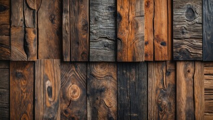Poster - Wooden texture background with various shades of brown and black wooden planks arranged in a seamless pattern