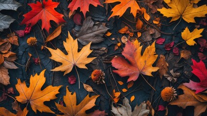 Poster - Colorful autumn leaves and dried flowers creating a textured background representing the beauty of the fall season in nature.