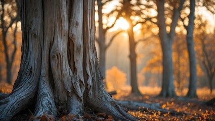 Poster - Textured bark of an ancient tree with golden morning light filtering through a serene forest scene, highlighting nature's beauty.