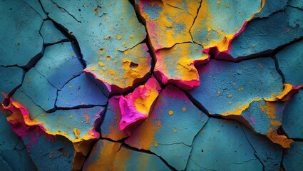 Poster - Vibrant cracked cement wall texture showcasing an abstract surface with bold colors and intricate patterns for artistic backgrounds and designs.