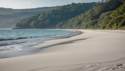 Wall Mural - Scenic Beach Landscape with Pristine Sandy Shoreline and Lush Forested Hills in Background Ideal for Text Overlay and Relaxation Themes