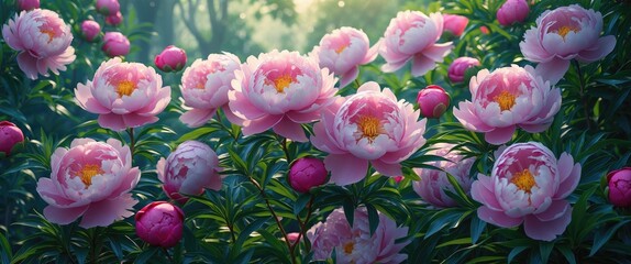Poster - Elegant peony flowers blooming in a lush garden setting showcasing soft pink petals and vibrant green foliage. Perfect for floral decor.