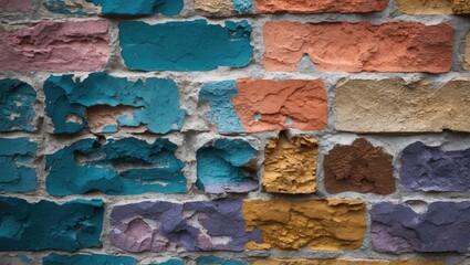 Poster - Colorful textured brick wall pattern with vibrant hues and rustic appearance suitable for backgrounds and decorative design elements