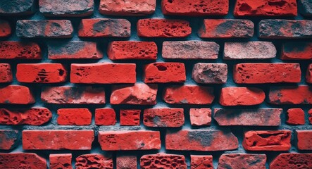 Poster - Closeup of a textured red brick wall showcasing unique patterns and colors with ample space for design elements or text.