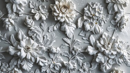 Poster - ornate white floral plaster relief pattern on textured gray background