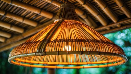 Poster - Bamboo pendant lamp with woven shade hanging from a bamboo ceiling, emitting a warm natural glow in a serene setting.