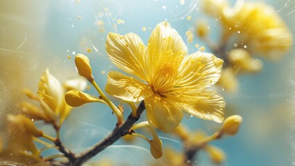 Poster - Yellow flower close-up with soft blurred background and light bokeh effect on branch with buds and petals in natural sunlight.