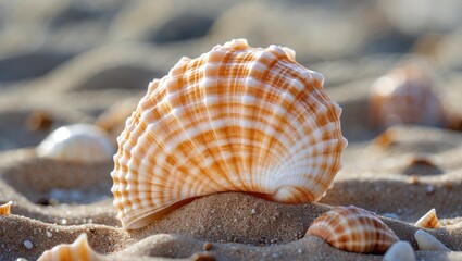 Poster - Stunning Closeup of a Colorful Seashell Resting on Soft Beach Sand with Natural Light Highlighting Its Patterns and Texture
