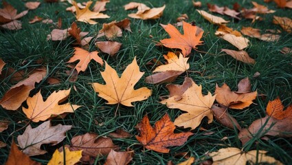 Poster - Colorful autumn leaves scattered on green grass creating a picturesque seasonal landscape in a serene outdoor setting.