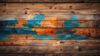 Fototapete - Vibrant abstract wooden background with colorful paint stains and textures for creative design and artistic projects.