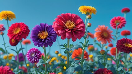 Wall Mural - Colorful floral field with blooming zinnias in purple, pink, red and yellow under clear blue sky during daytime