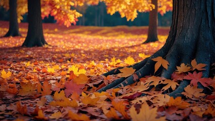 Poster - Vibrant autumn landscape with sycamore leaves covering the ground and trees in colorful foliage creating a picturesque seasonal scene.