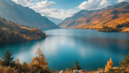 Poster - Serene Autumn Landscape with Mountain Reflections Over Calm Lake Waters
