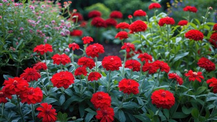 Poster - Vibrant red flowers blooming abundantly in a lush garden creating a stunning and colorful landscape scene