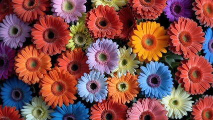 Poster - Vibrant close-up of multicolored gerbera daisies creating a stunning floral background showcasing bright hues and intricate details.