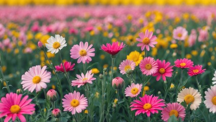 Poster - Vibrant field of pink and yellow flowers in full bloom with soft bokeh background, ideal for banners, wallpapers, and creative projects.