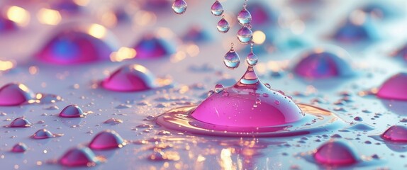 Poster - Colorful water droplets on a smooth surface creating a vibrant and abstract background with reflections and soft lighting