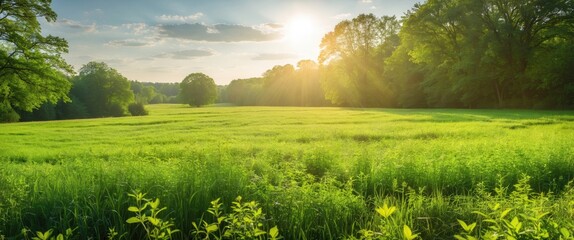 Poster - Lush green meadow bathed in warm summer sunlight under a clear blue sky at sunrise with trees lining the horizon.