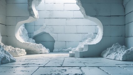 Poster - Interior of a stylized minimalist room with snow and ice textures, featuring uneven walls and floor in a surreal architectural setting.