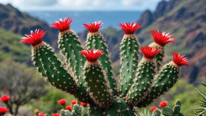 Poster - Vibrant green cactus adorned with striking red flowers in the scenic landscape of Madeira showcasing nature's beauty and biodiversity