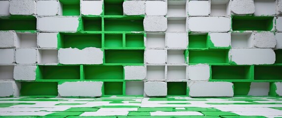Poster - Textured wall of white and green painted bricks with uneven surface and varying block patterns close-up view