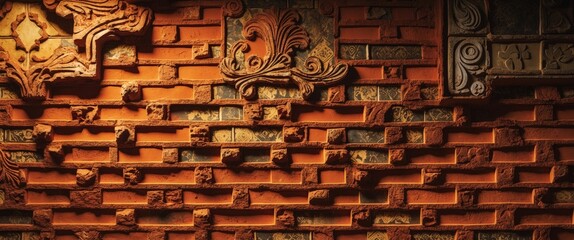 Poster - Textured brick wall with decorative tiles and ornate patterns in warm tones of orange and brown.