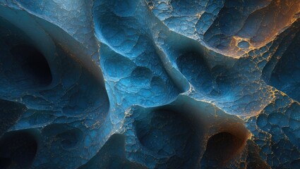 Poster - Abstract close-up view of textured blue and orange rocky surface with organic shapes and shadowy depressions.