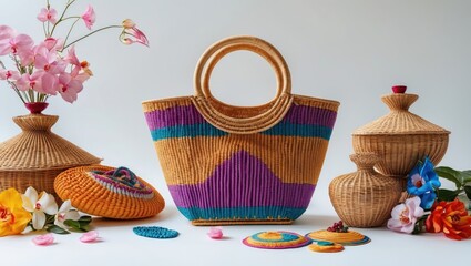 Poster - Colorful woven basket with round handles surrounded by decorative coasters and artistic woven containers with flowers in the background.