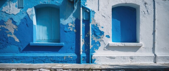 Poster - Blue and white textured wall with peeling paint and windows featuring contrasting colors in a sunlight setting