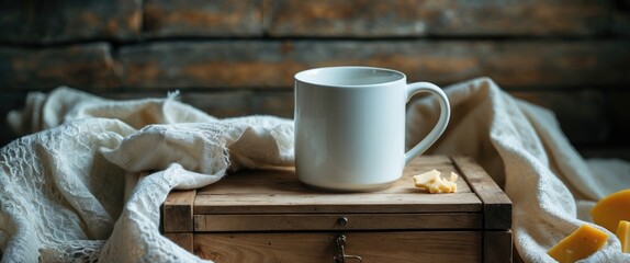 Poster - White ceramic coffee mug placed on rustic wooden box with linen cloth and butter on the table in cozy environment