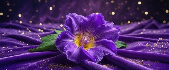 Poster - Purple flower on a textured violet fabric background with sparkling bokeh effects and green leaves for contrast