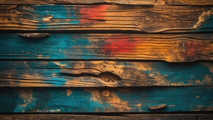 Poster - Colorful weathered wooden planks with artistic paint splatters and textured surface in blue and orange tones