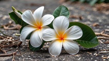 Poster - White plumeria flowers with yellow centers surrounded by green leaves on a textured surface in natural light