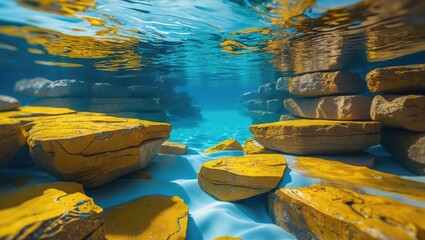 Poster - Underwater landscape featuring large yellow rocks and crystalline blue water with sunlight reflections and sandy bottom textures.