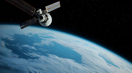 Satellite orbiting a blue planet Earth in a dark outer space background with glowing panels and atmosphere
