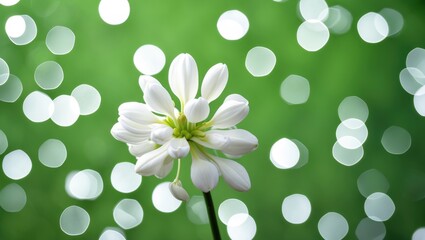 Poster - White flower with green background and bokeh effect, showcasing delicate petals and vibrant colors in nature setting.