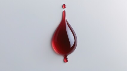 Poster - Red liquid droplet isolated on a light background showcasing glossy texture and smooth contours representing fluid dynamics.