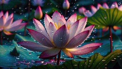 Poster - Close-up of a water lily flower with droplets on petals and leaves in a pond, illuminated by soft light in a natural setting.