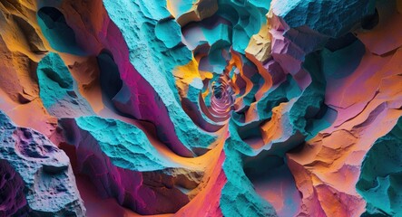 Fototapete - Colorful abstract spiral tunnel with textured layers in vibrant shades of blue pink and orange 3D rendering of digital artwork