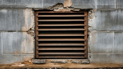Poster - Rusty ventilation grill set in a weathered concrete wall with visible damage and peeling paint in an urban environment.